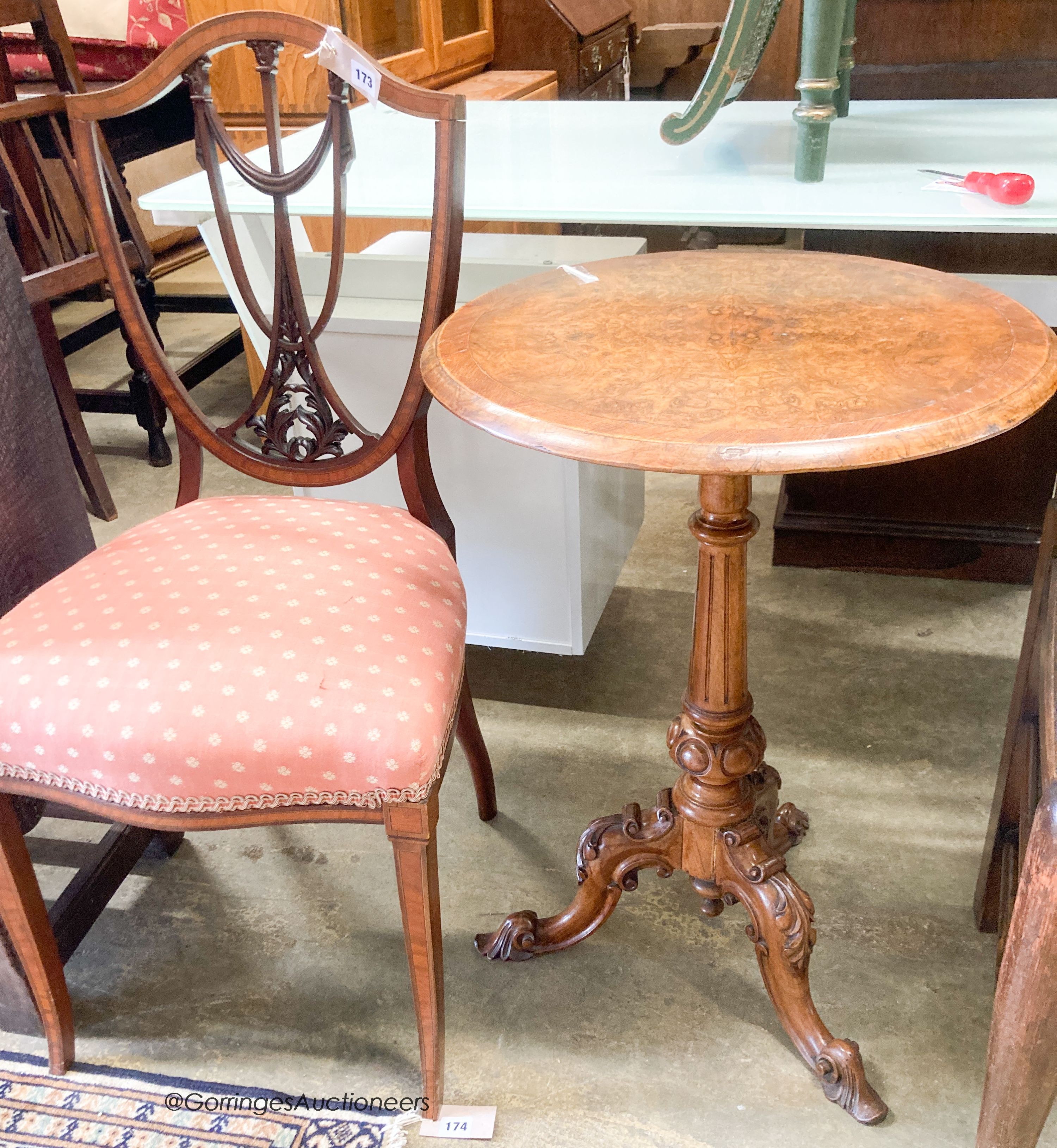 A Victorian burr walnut circular wine table, diameter 49cm, height 70cm together with an Edwardian satinwood banded mahogany side chair